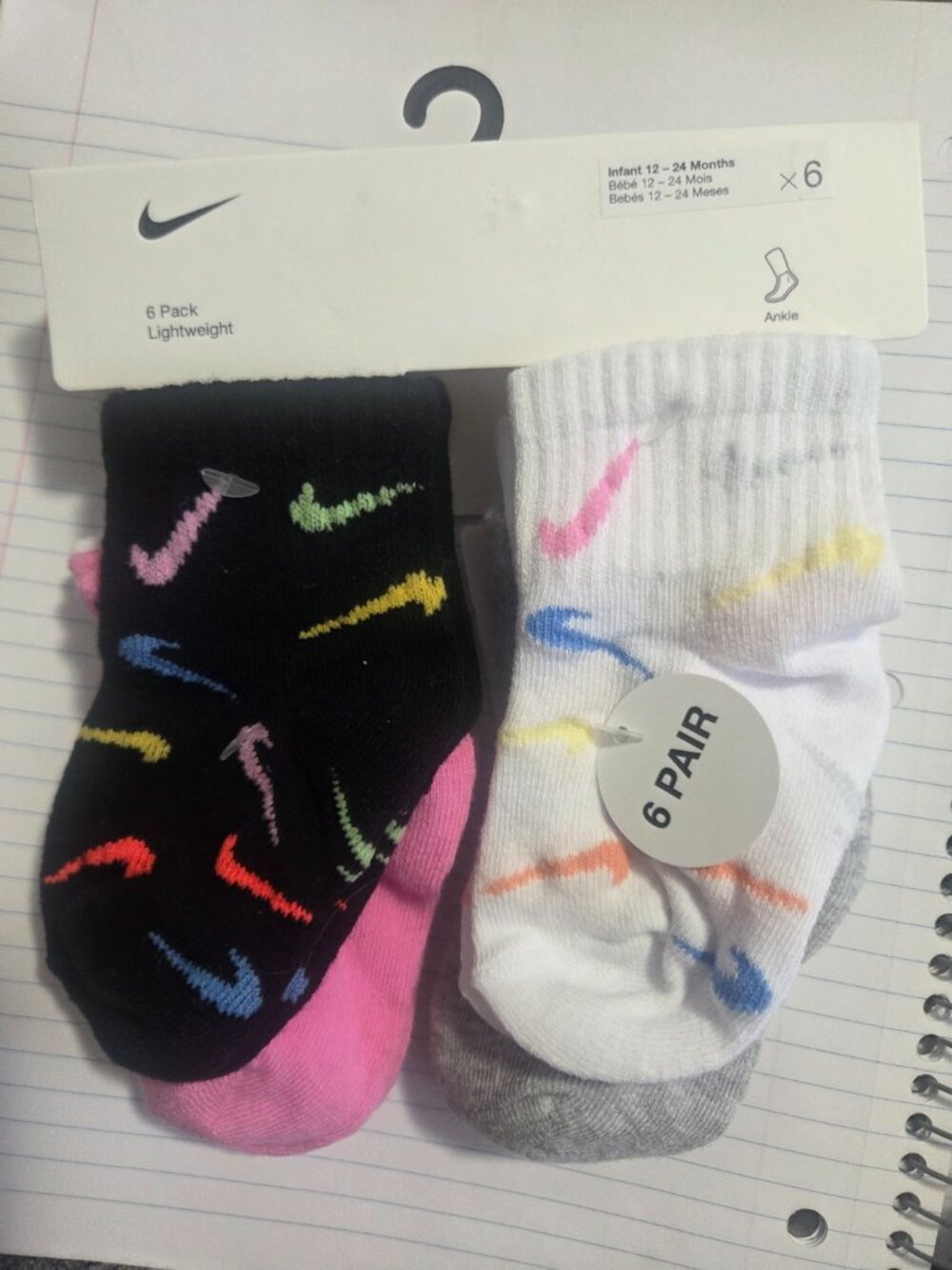 12-24 month NIKE baby ankle socks (1) 6 pack assorted colors NWT